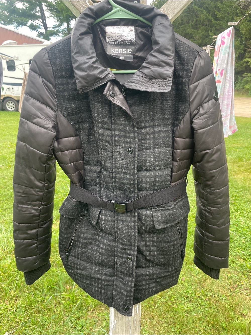 kensie Black Plaid and Quilted-Sleeve Belted Puffer Coat